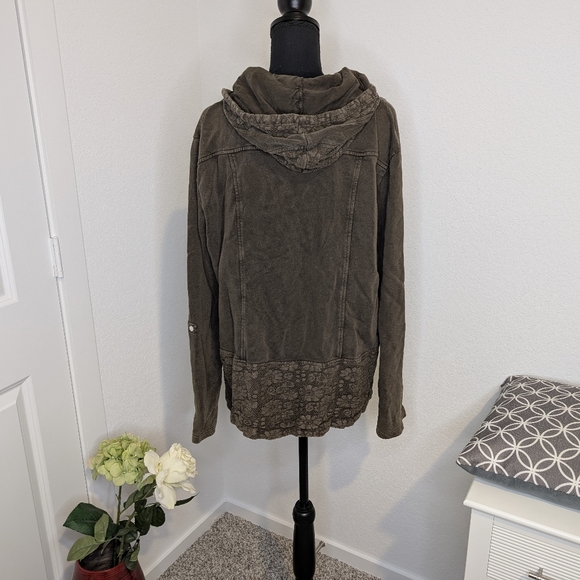 💘 SUNDANCE TOP HOODIE BROWN WEATHERED TAB SLEEVES VNECK FLORAL LACE ACCEN XL - Picture 3 of 4